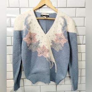 Floral V-Neck Knit Sweater in Light Blue and Cream by